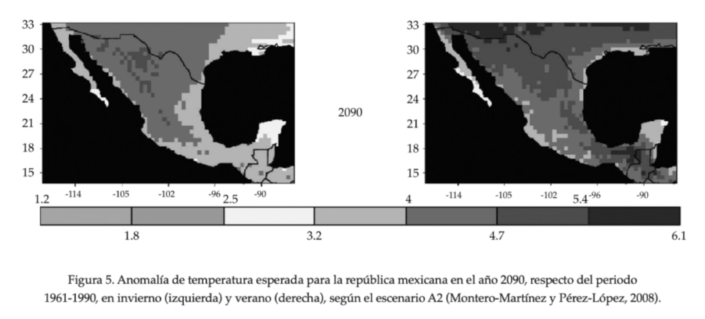 Figura 5. Anomalía de temperatura esperada en el año 2090 para la república mexicana. 