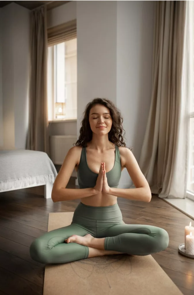 chica vestida. de verde meditando en posición de loto abierto